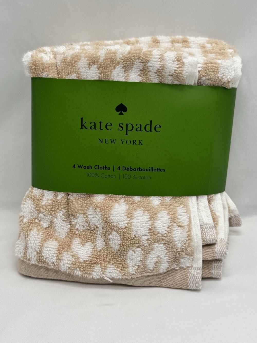 Kate Spade New York Animal Print Beige White 13" Cotton Washcloths Set of 4